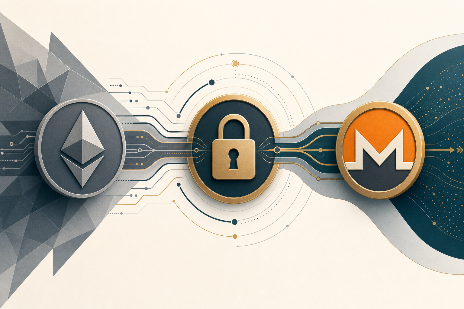 Stylized illustration of an Ethereum token converting into a Monero token through a privacy lock, representing a no-KYC swap.