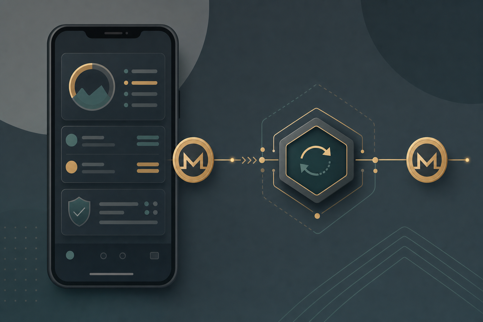 Smartphone with Monero wallet sending and receiving XMR through a stylized non-custodial swap node