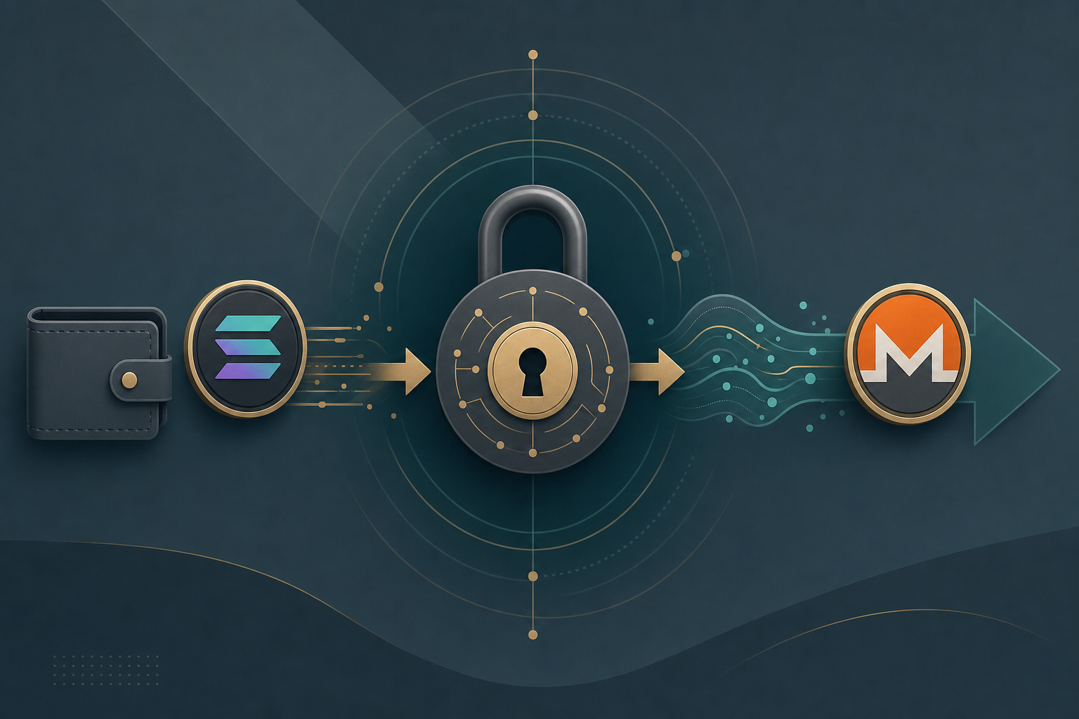 Illustration of a Solana token converting into a Monero privacy coin through a stylized lock, representing a no-KYC swap