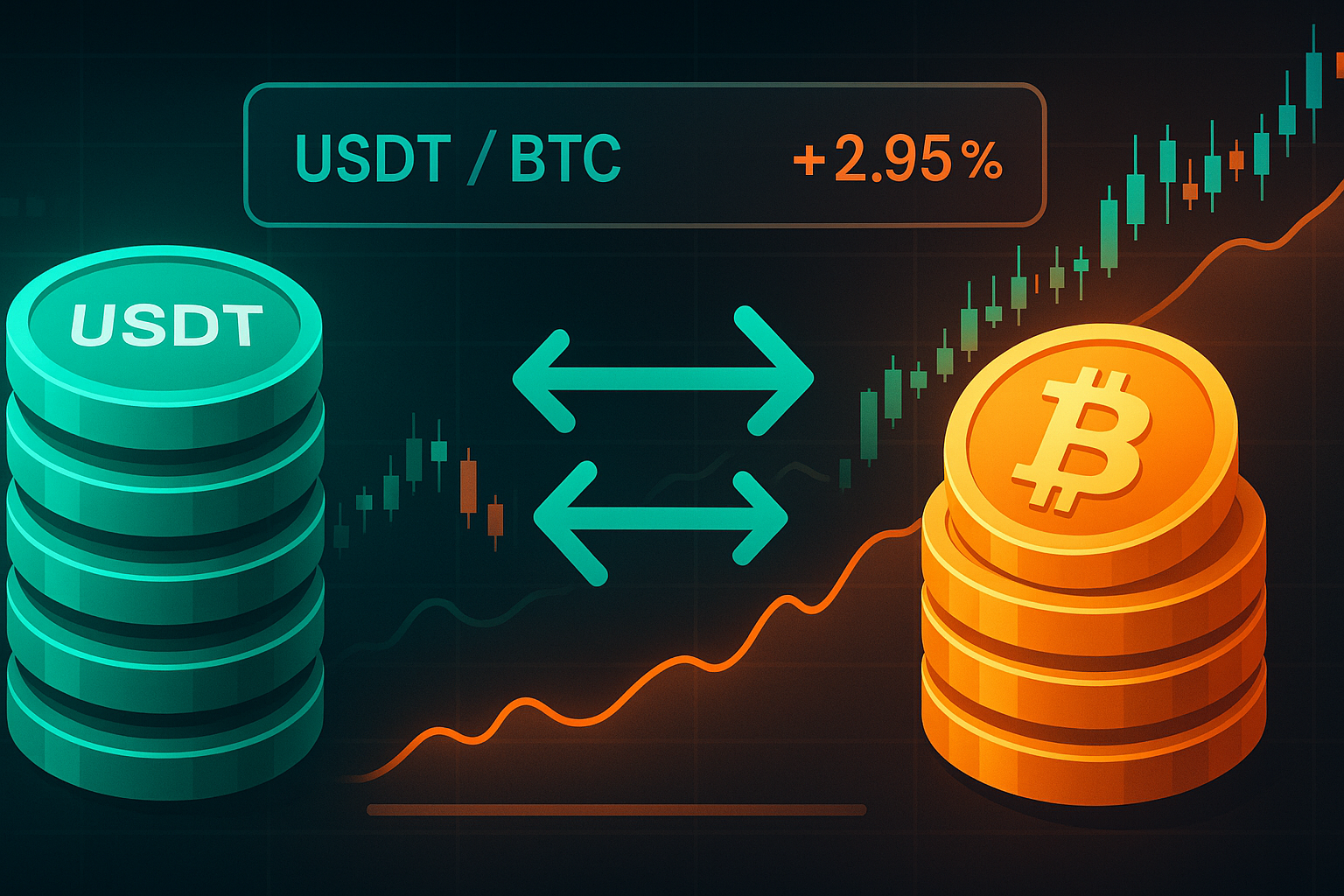 Futuristic crypto dashboard visualizing USDT to BTC swap with glowing charts