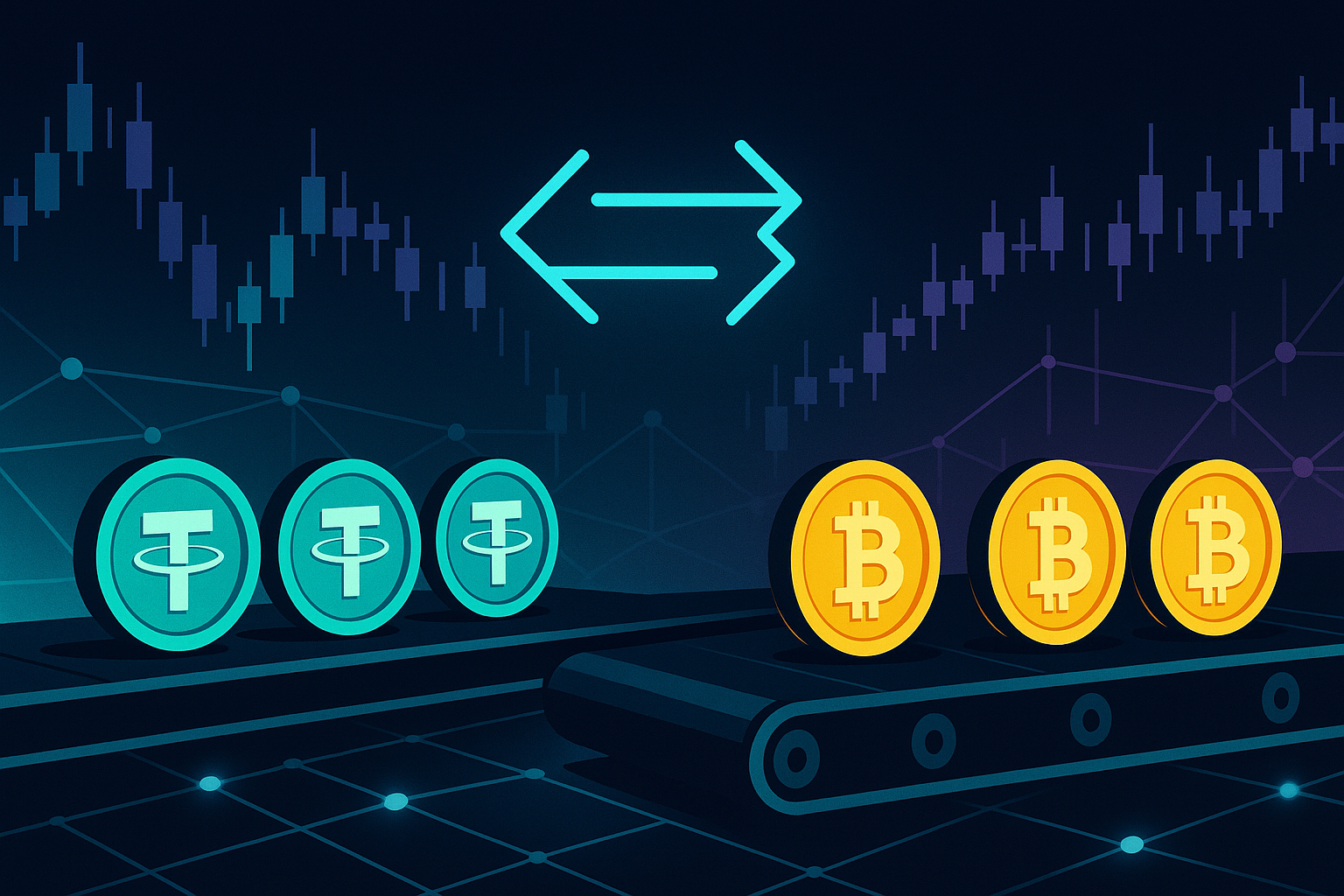 Futuristic digital conveyor swapping USDT coins into BTC on a crypto trading floor