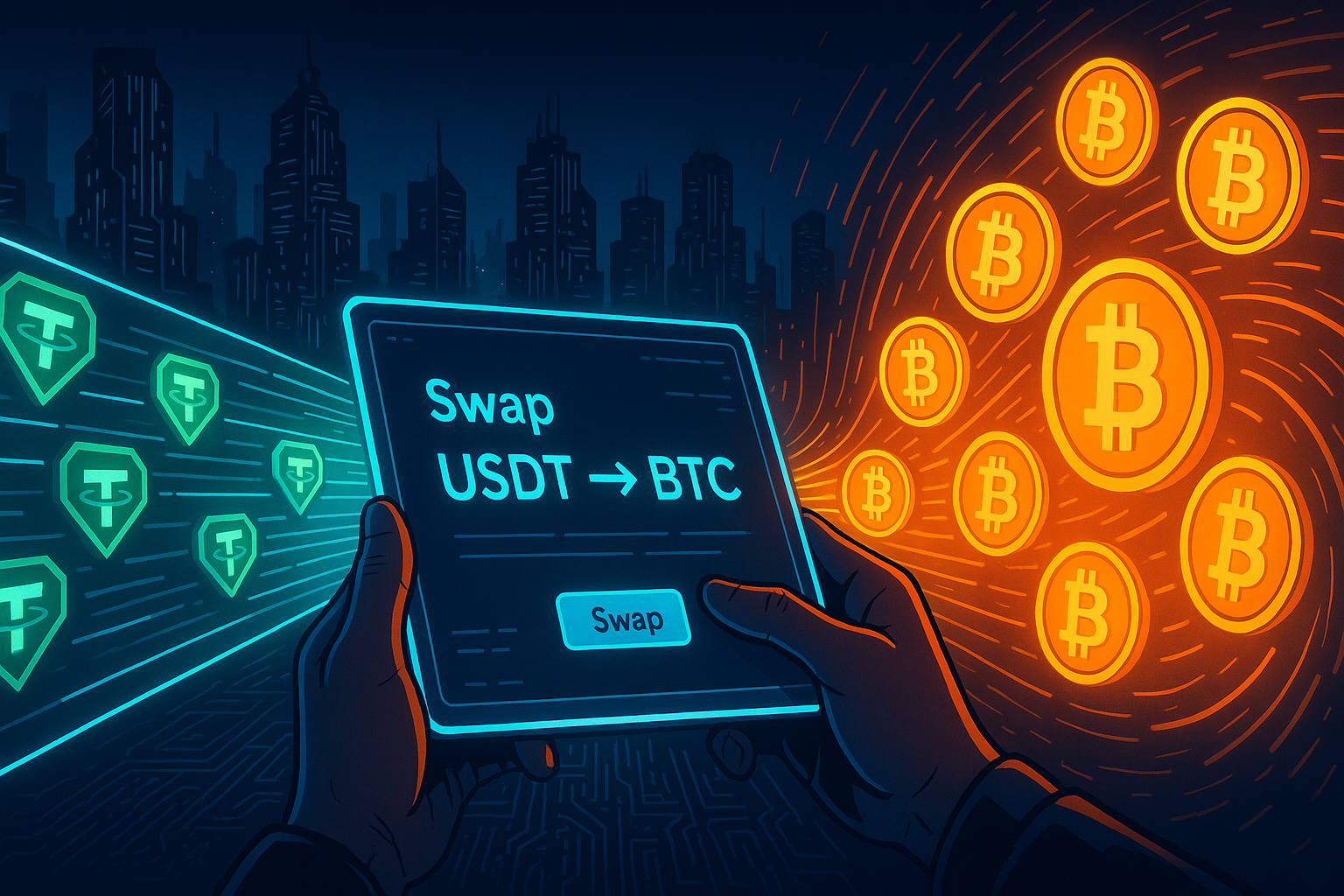 Cyberpunk trader swapping USDT to BTC on holographic tablet in neon city