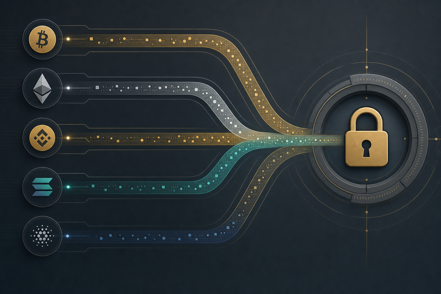Abstract illustration of multiple crypto swap routes converging into a single privacy lock icon