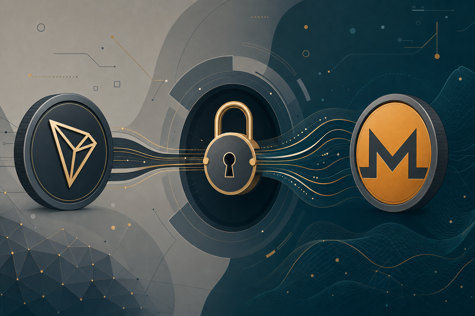 Stylized illustration of a TRON token converting into a Monero token through a privacy lock