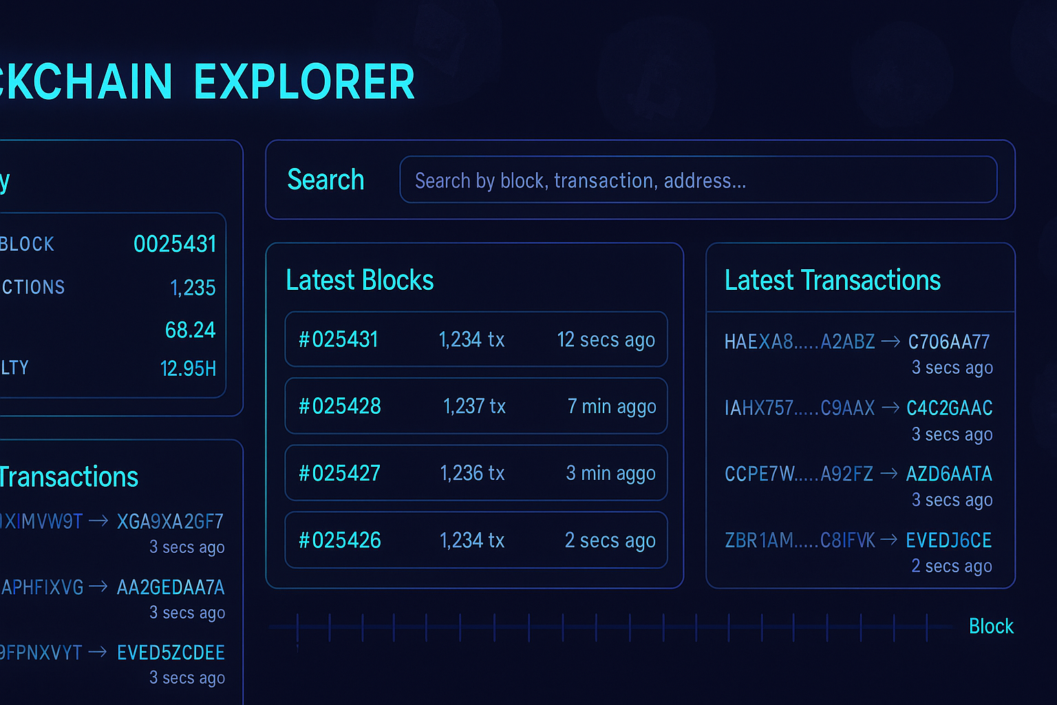 Futuristic blockchain explorer dashboard with blocks, transactions and crypto coins