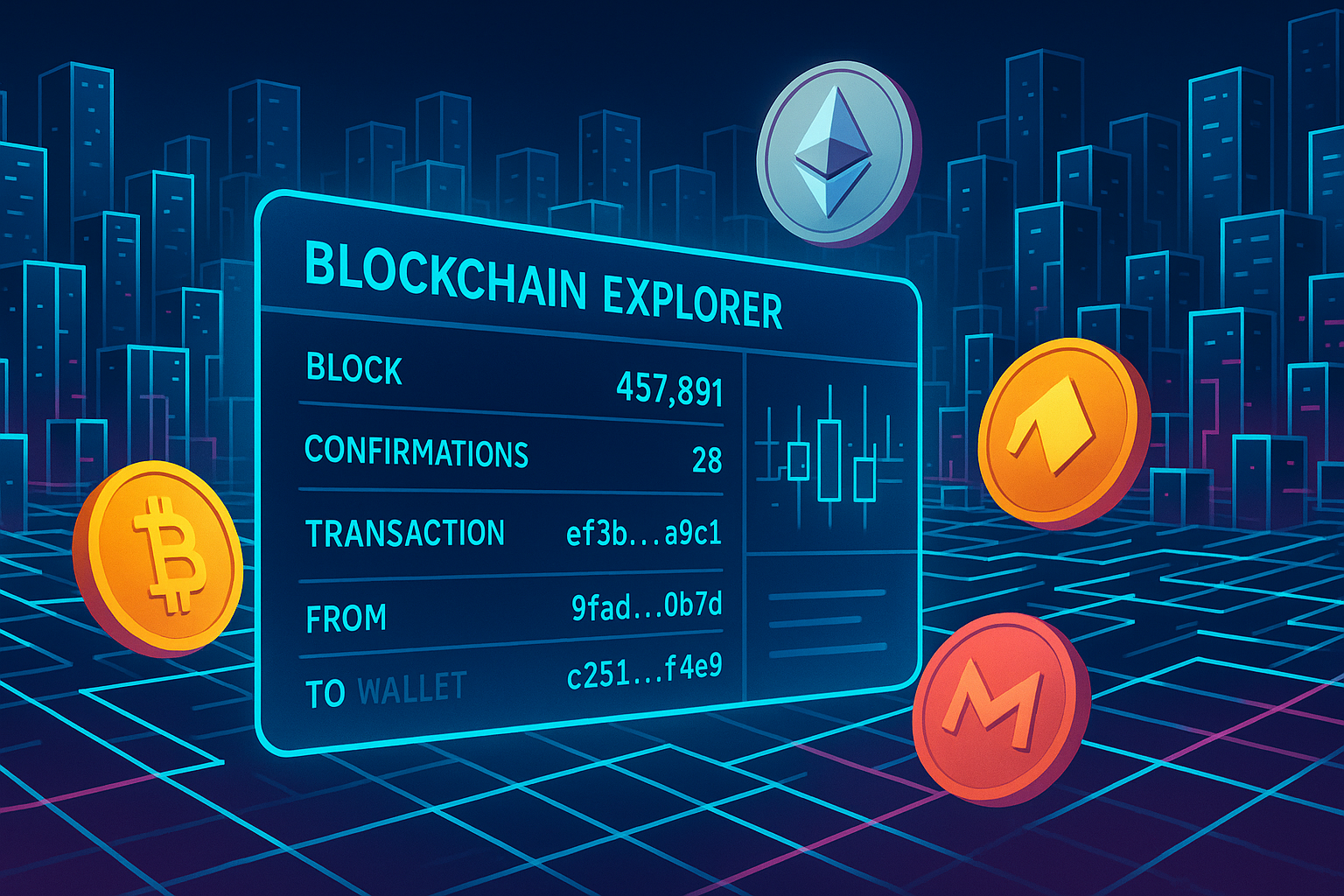 Blockchain explorer dashboard over digital city of data blocks and crypto coins