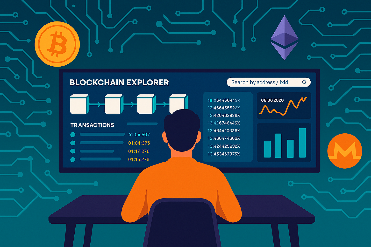 Person using a blockchain explorer on an ultra-wide monitor with crypto data visualizations