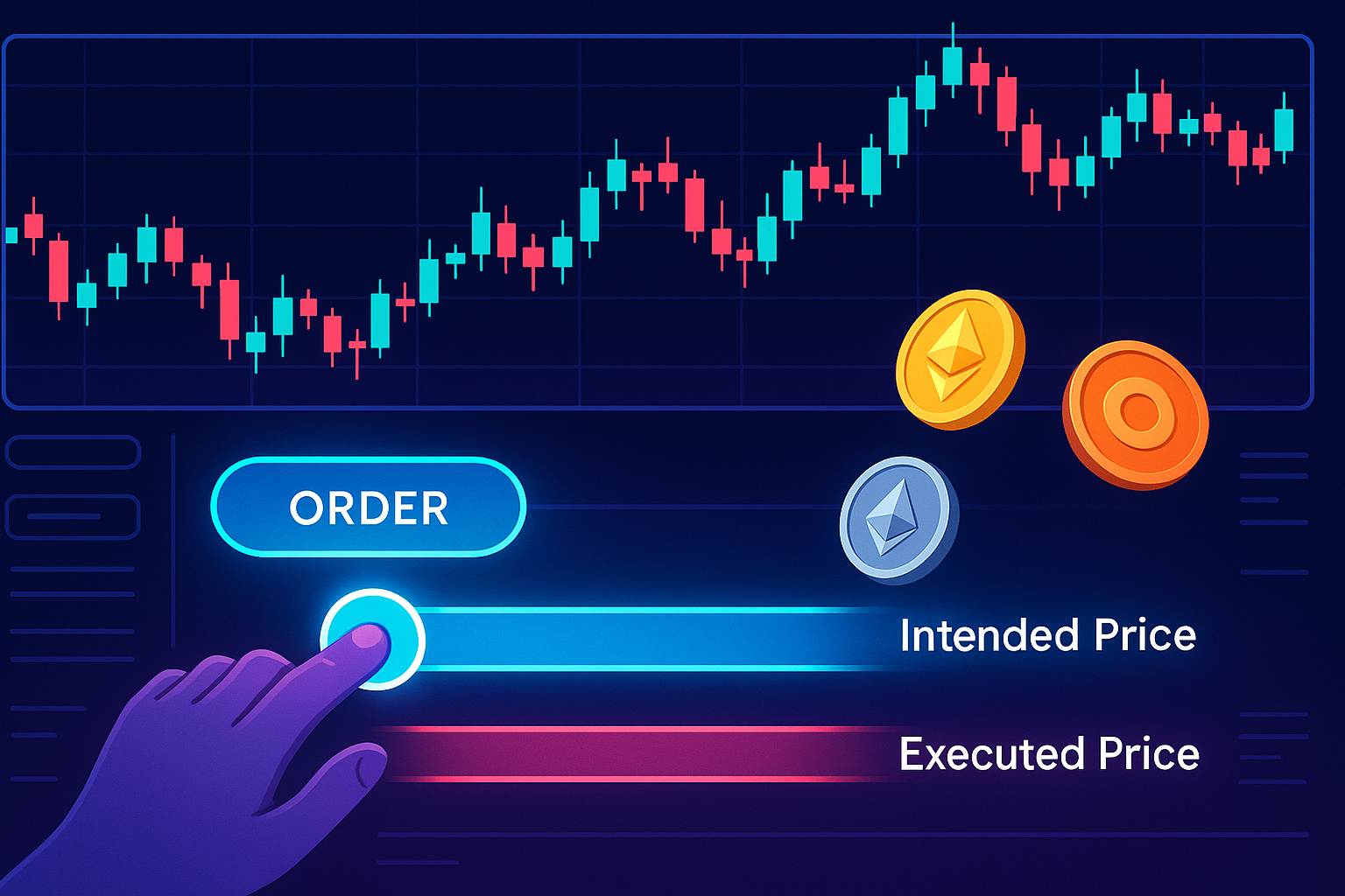 Crypto trading dashboard banner illustrating order slippage between intended and executed prices