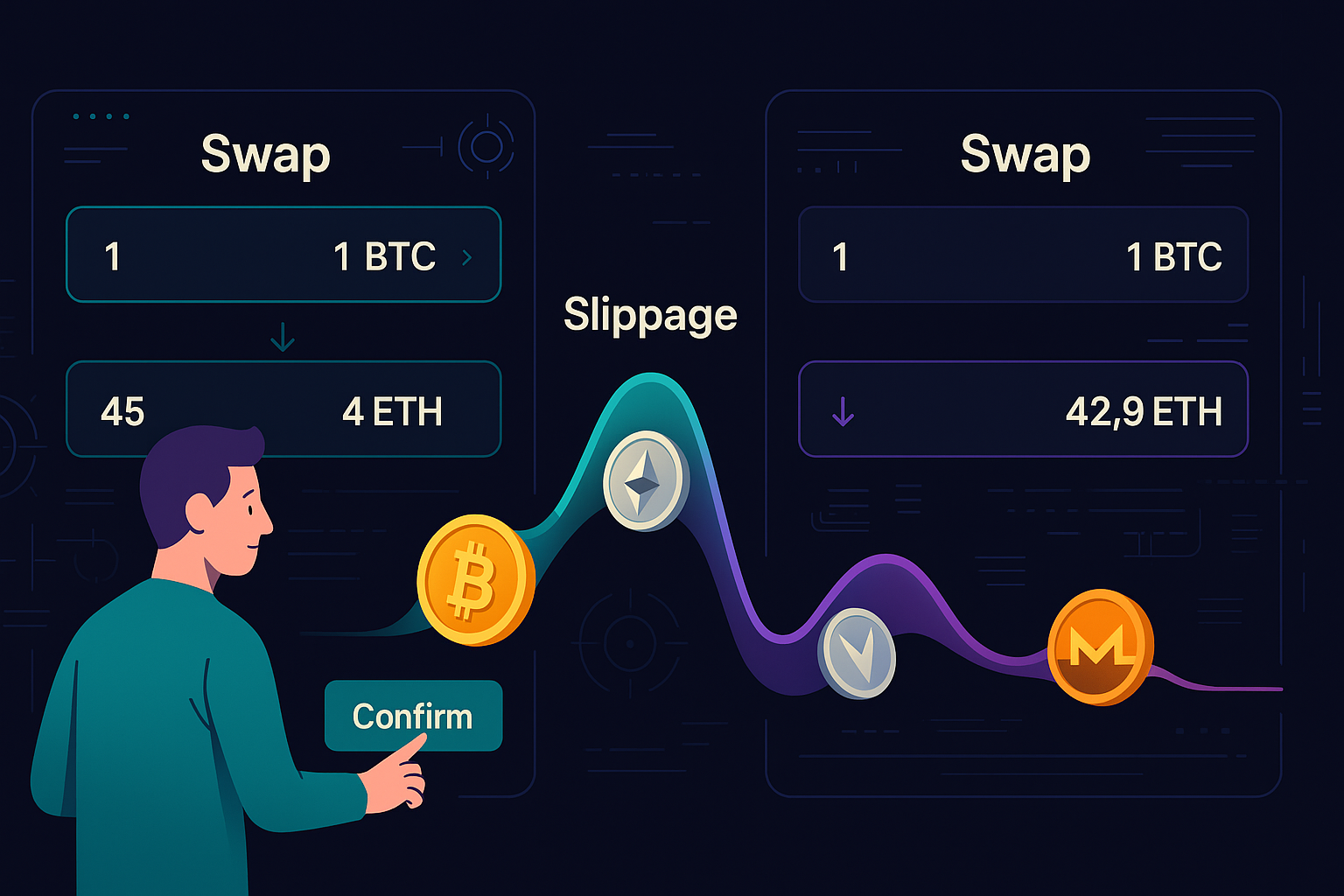 Crypto exchange split-screen showing trade price slippage with shrinking BTC, ETH, and XMR-style coins