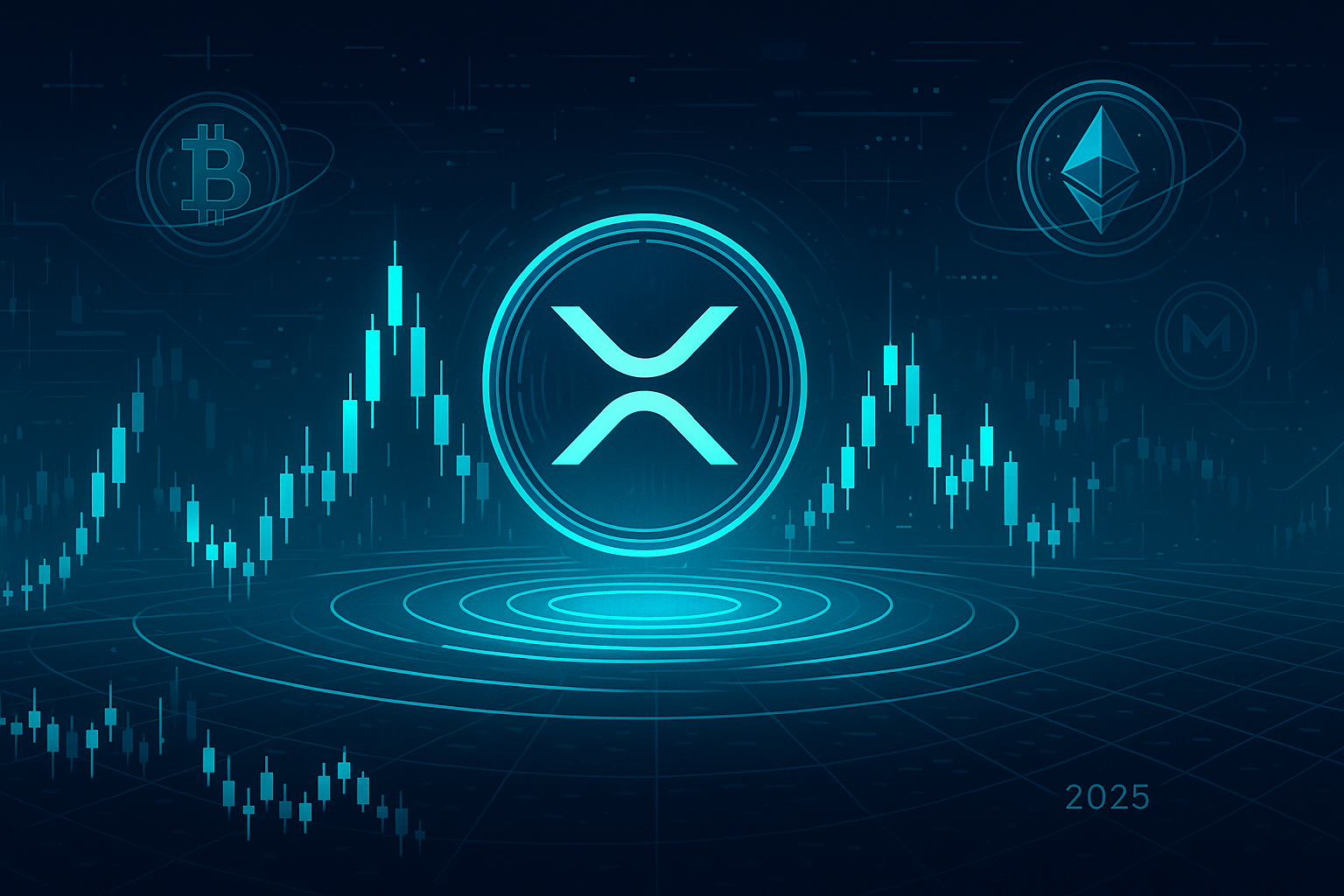 Futuristic XRP-style coin over digital city of candlestick charts showing crypto price trends to 2025