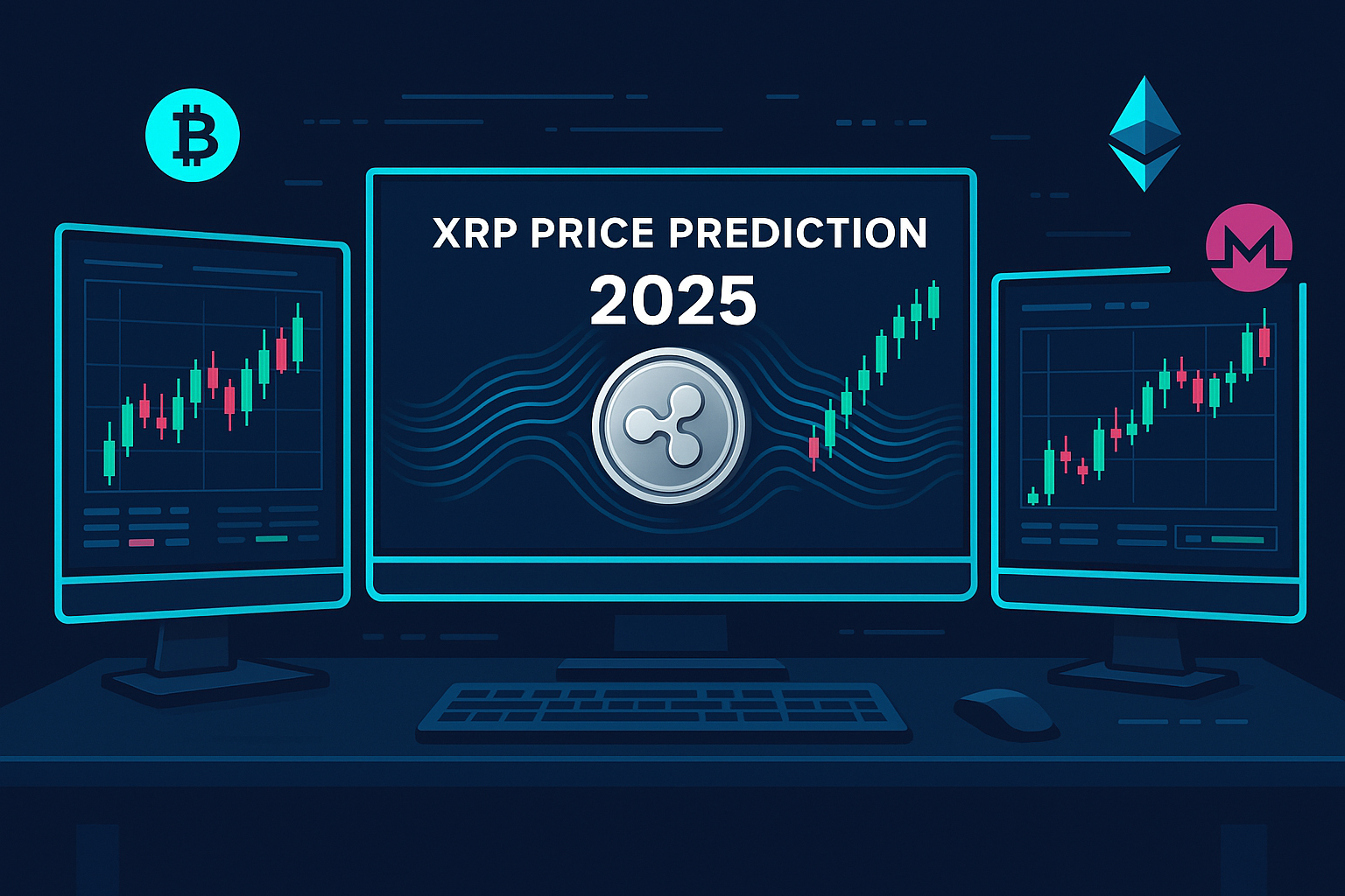 XRP price prediction 2025 trading desk with crypto charts and privacy coins
