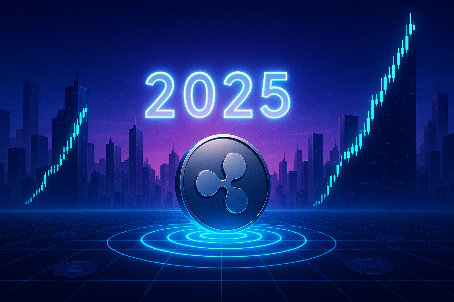 Cinematic metaverse city with XRP coin and price chart skyscrapers rising toward 2025 horizon