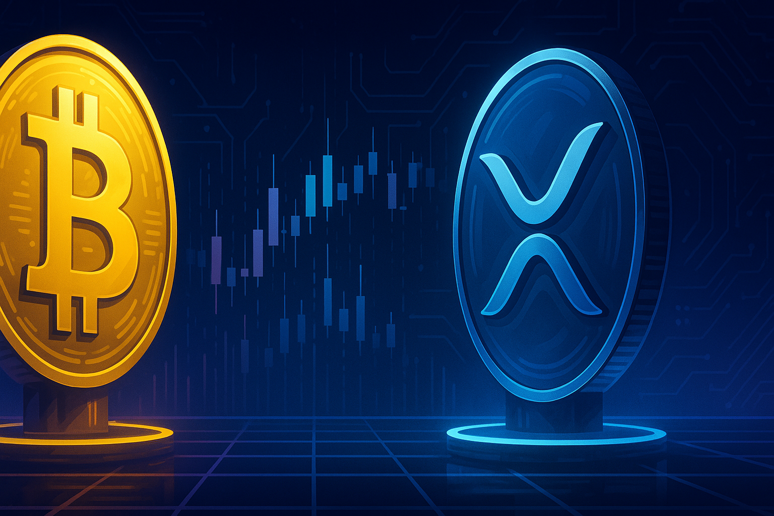 Moedas digitais semelhantes ao Bitcoin e ao XRP se enfrentam em uma arena de negociação cibernética iluminada por luzes neon.