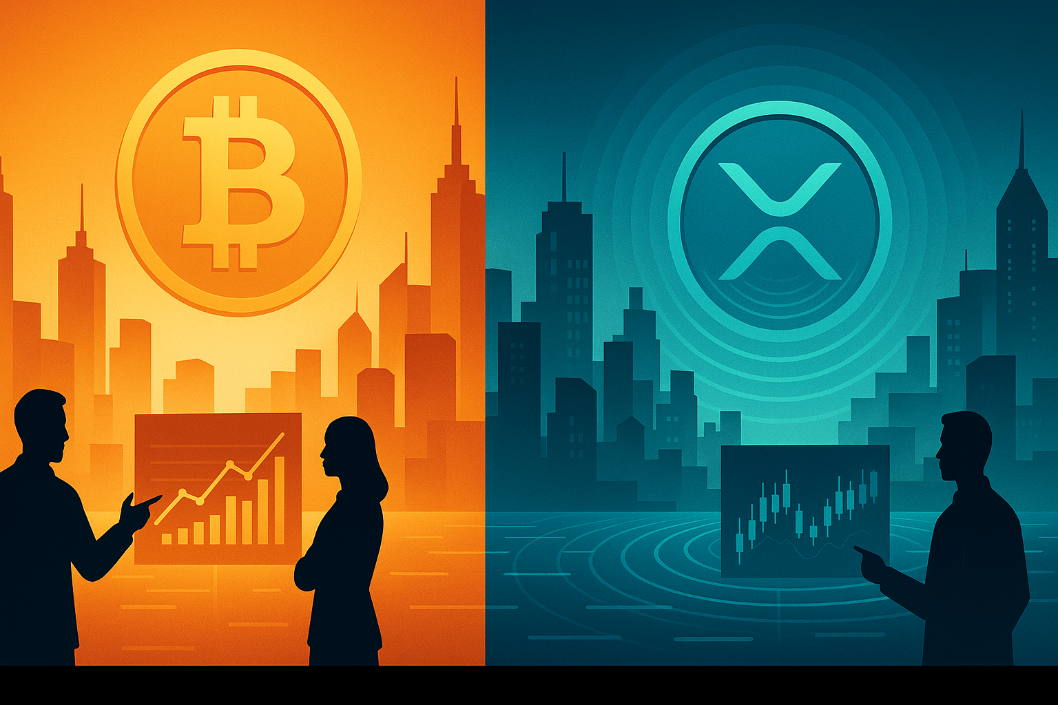 Split futuristic city skyline showing Bitcoin vs XRP with traders analyzing holographic crypto charts
