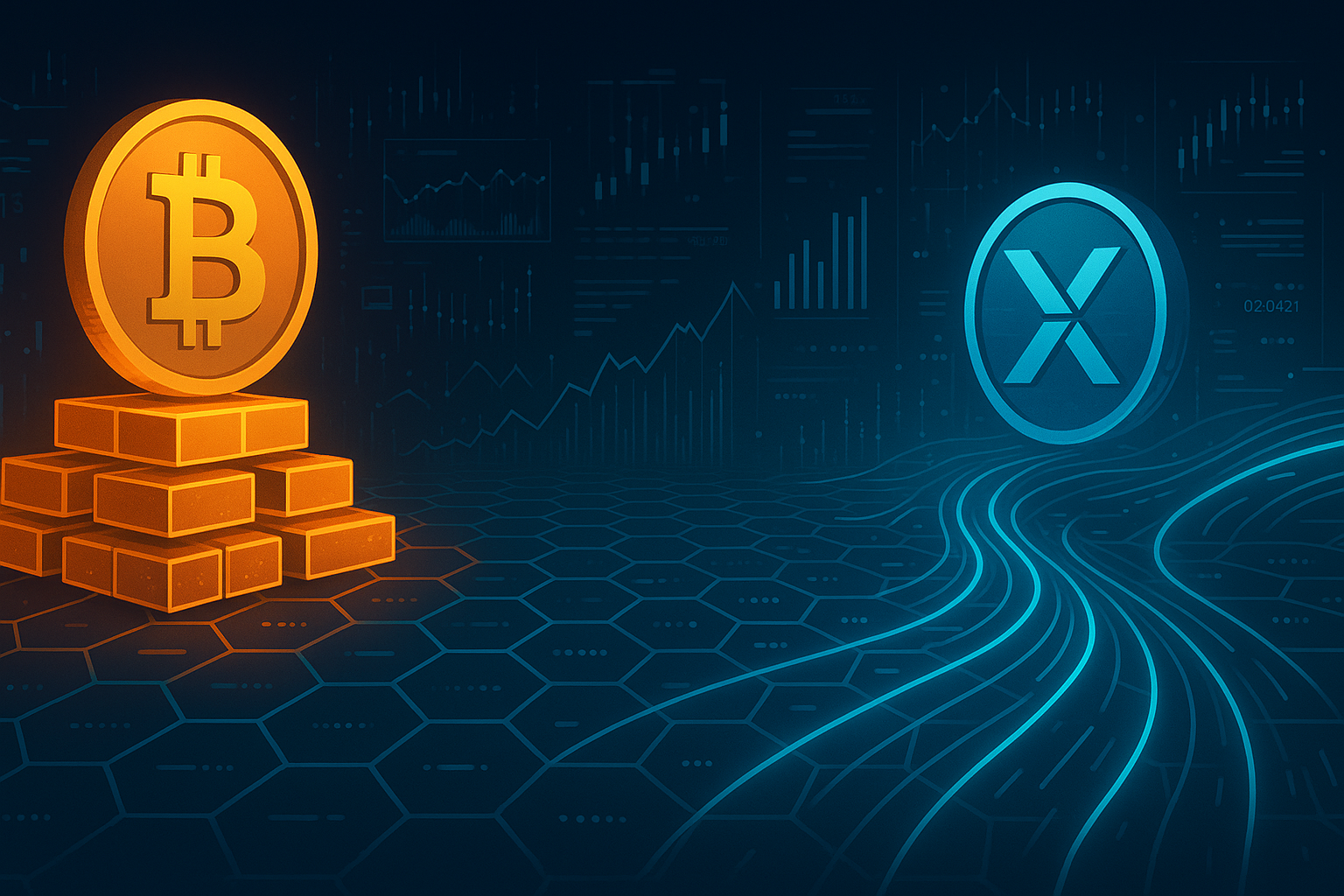 Digital battlefield banner contrasting Bitcoin blockchain stacks with XRP data streams and crypto analytics