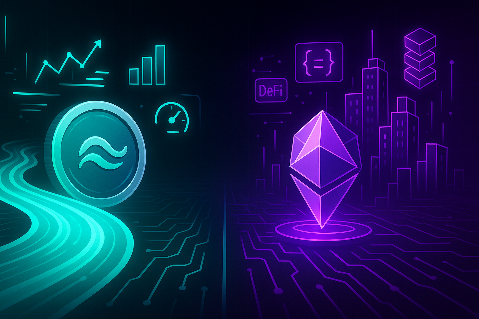 Banner futurista em tela dividida comparando uma criptomoeda rápida no estilo XRP com uma cidade de contratos inteligentes semelhante ao Ethereum.