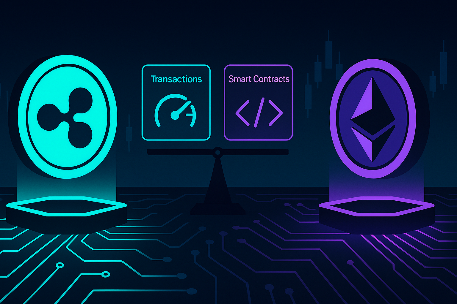 Campo de batalha criptográfico plano mostrando uma moeda de pagamentos rápidos semelhante ao XRP contra uma moeda de contratos inteligentes no estilo Ethereum.