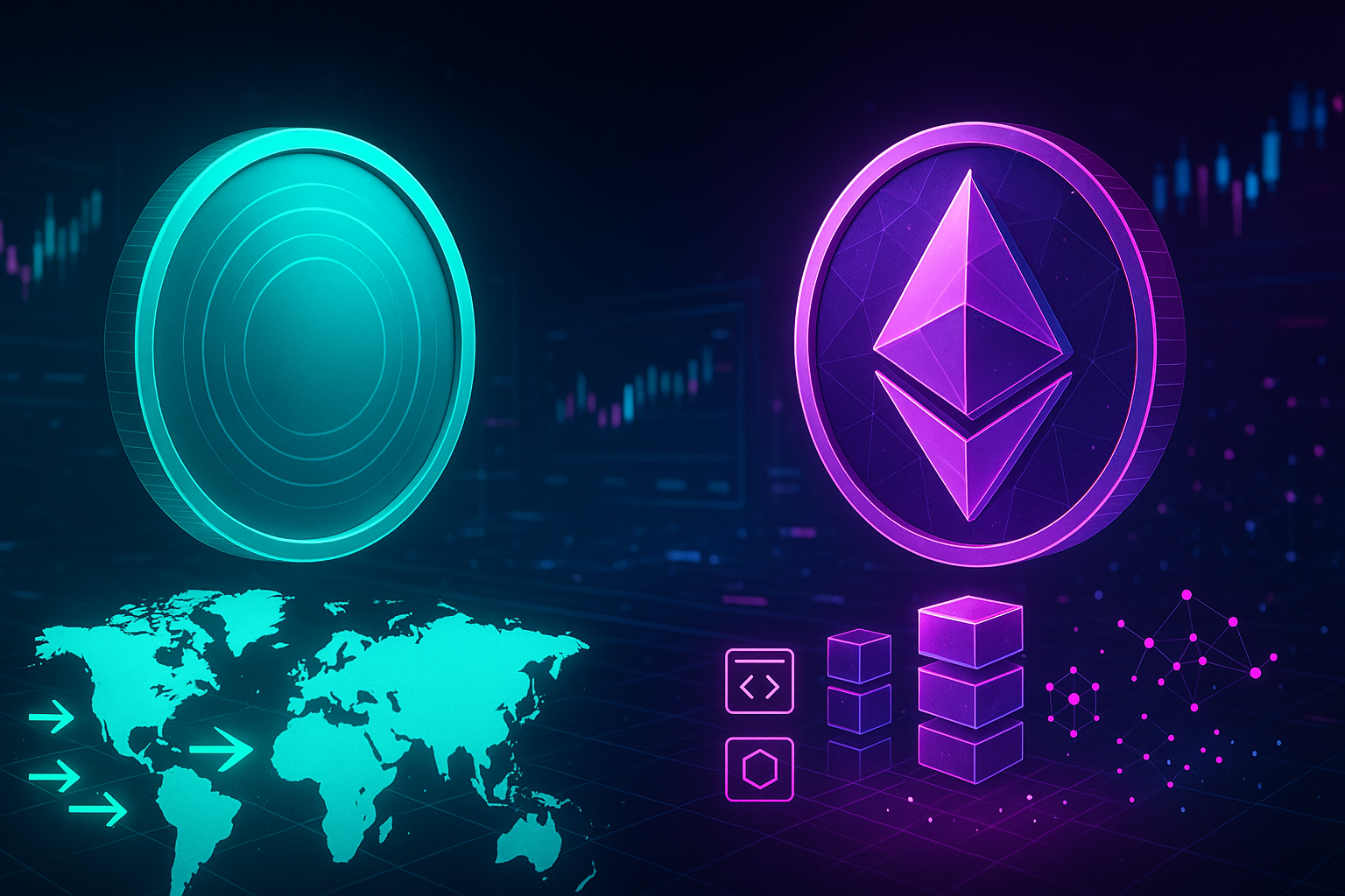Banner futurista comparando uma moeda estilo XRP na cor verde-azulada com uma moeda de contrato inteligente estilo Ethereum na cor roxa.