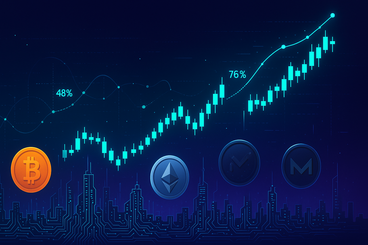 Futuristic crypto city skyline with rising candlestick chart and holographic price prediction graphs