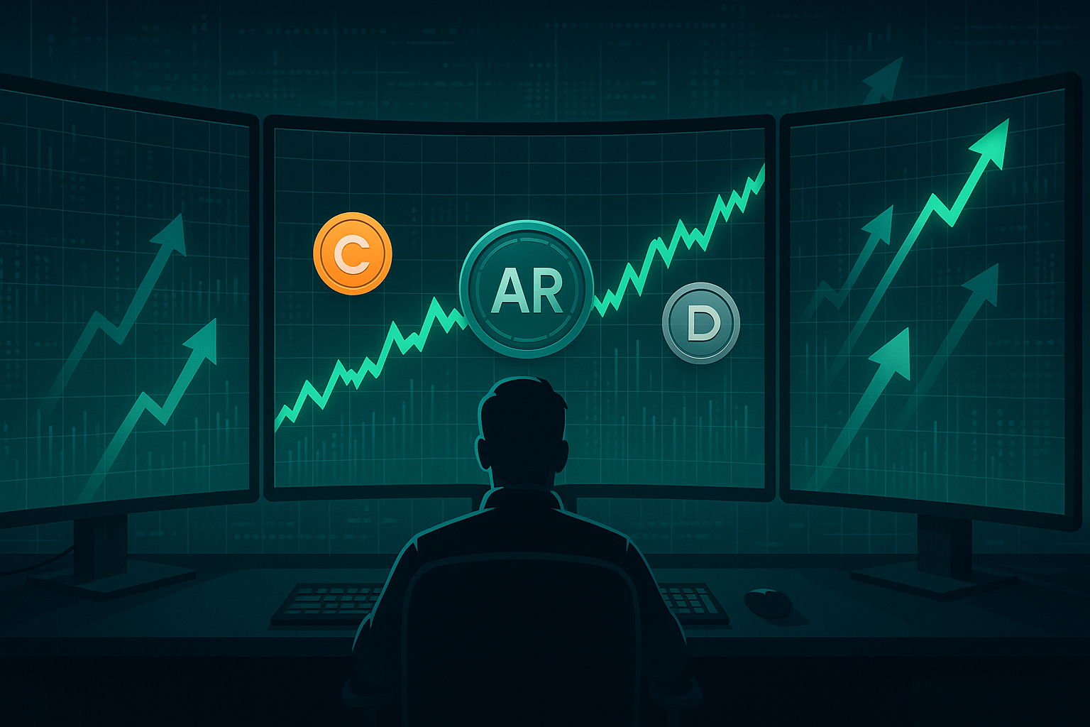 Trader workstation with crypto charts projecting rising AR token price