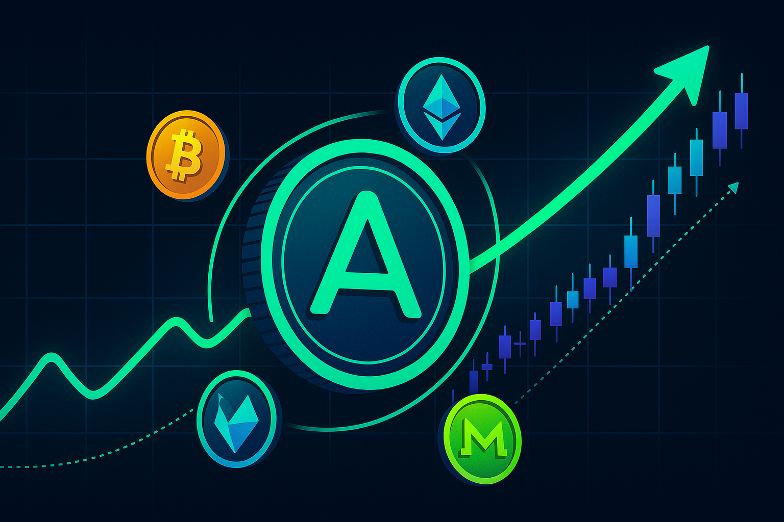 Arbitrum price prediction banner with rising crypto chart and abstract A coin