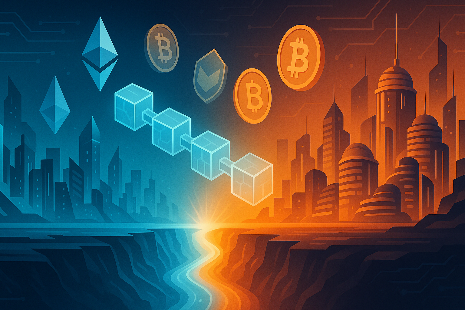 Futuristic crypto cities linked by blockchain bridge in blue and orange tones