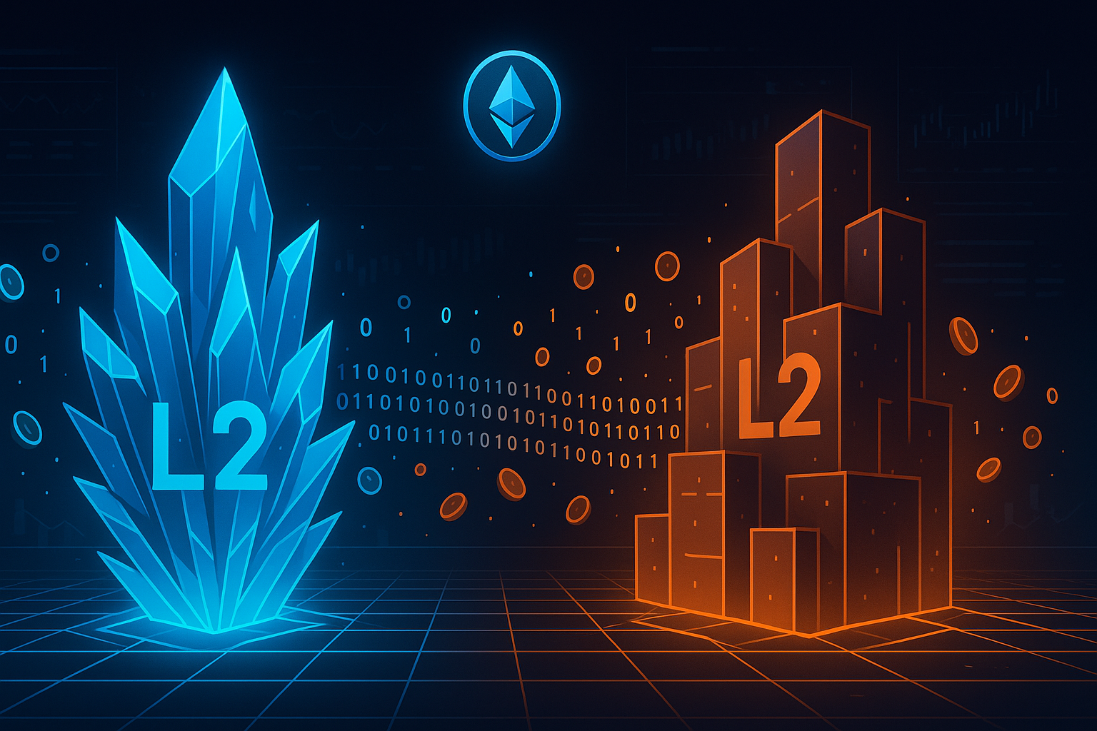 Neon holographic arena visualizing Arbitrum vs Optimism L2 networks