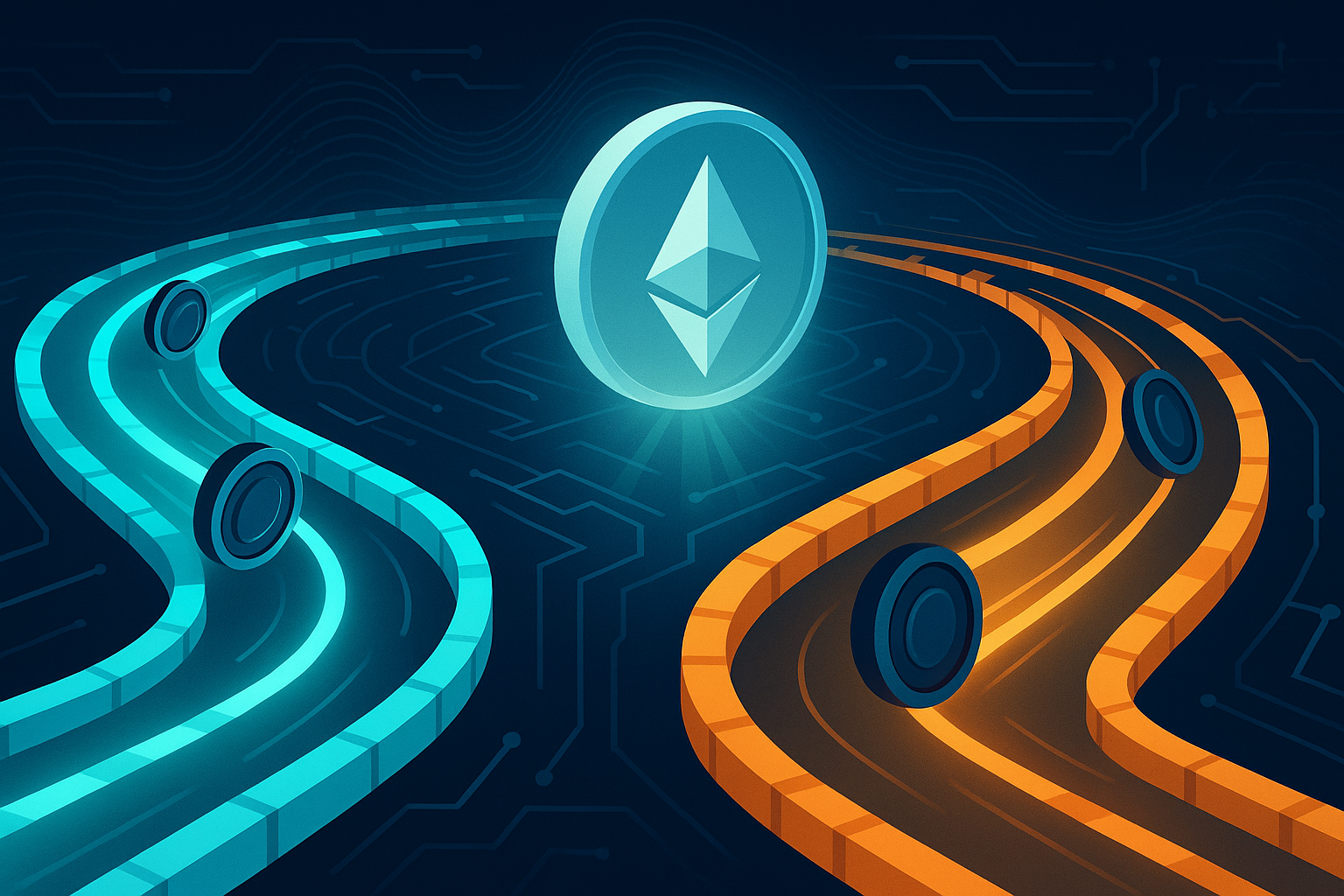 Digital racetrack with two crypto paths under an Ethereum coin, symbolizing Arbitrum vs Optimism