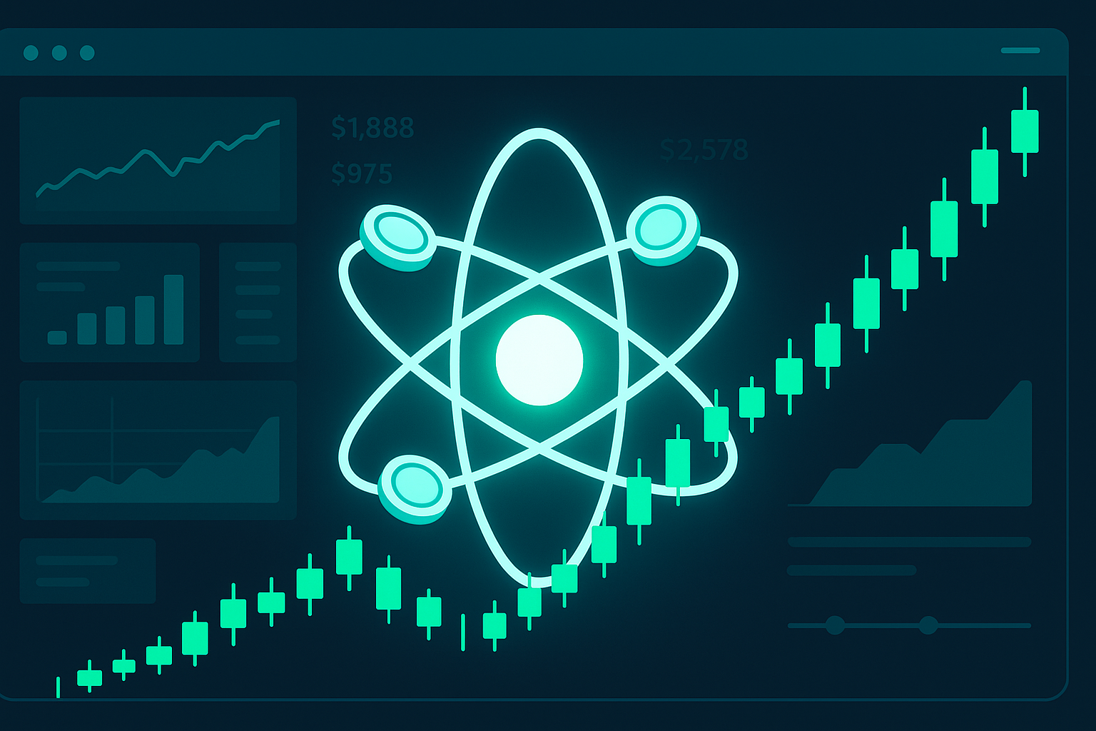 Atom crypto price prediction dashboard with bullish charts and orbiting coins