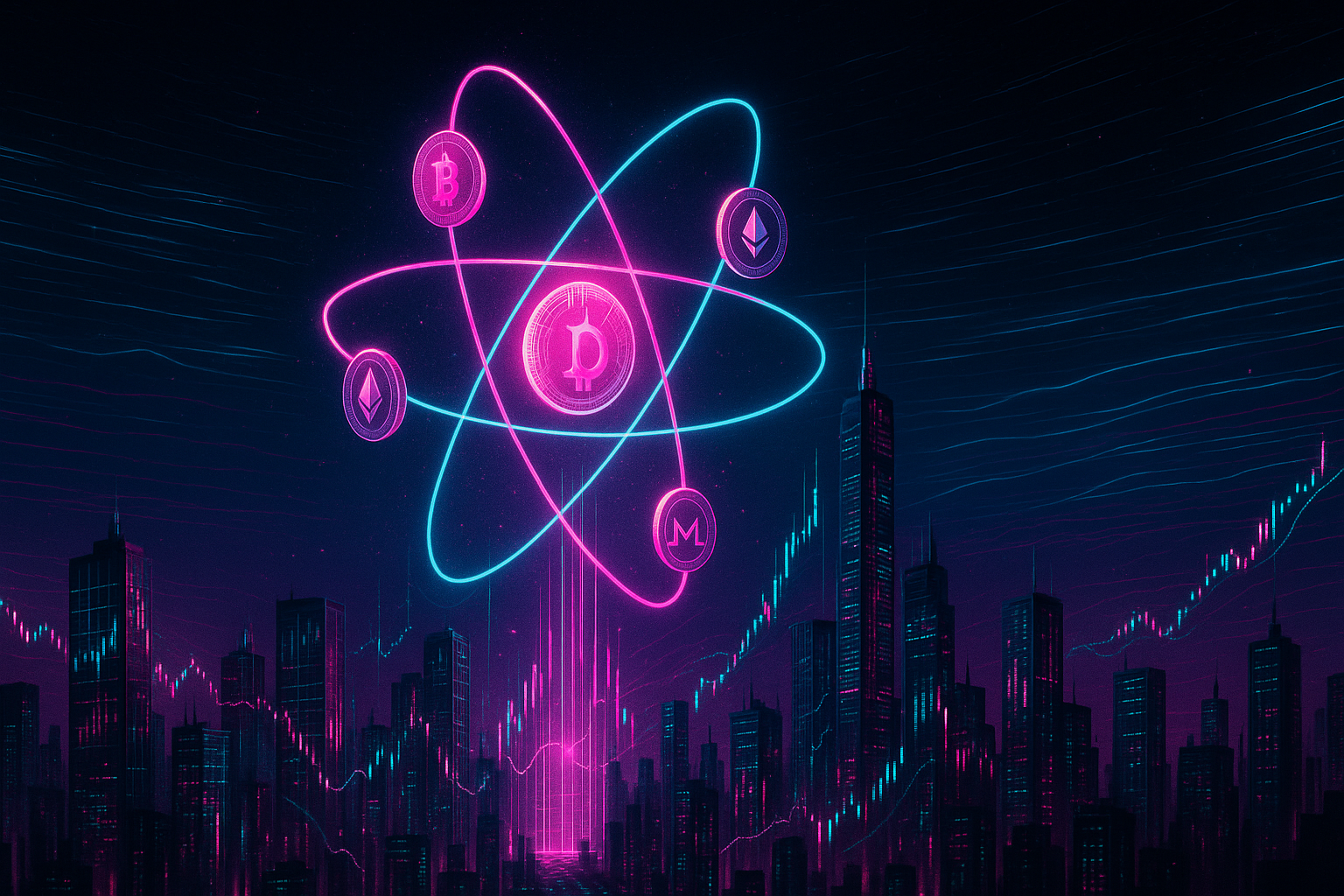 Cyberpunk crypto city with holographic atom symbolizing atom price prediction analytics