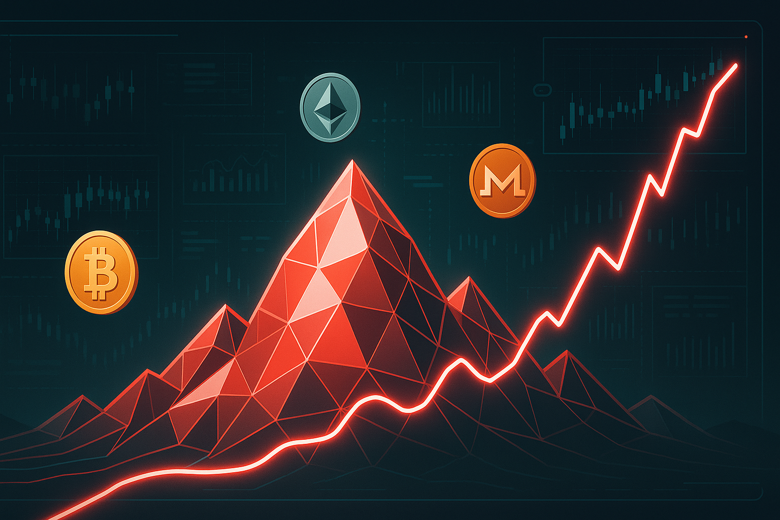 Futuristic polygon Avalanche mountains with neon AVAX price chart and crypto coins
