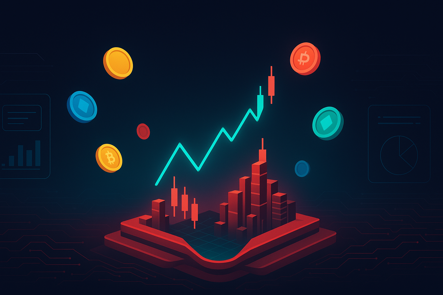 Futuristic crypto city with rising neon chart line for AVAX price prediction