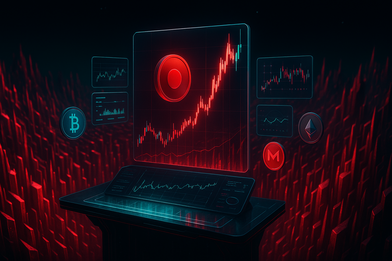Futuristic crypto trading desk with rising red token chart and blockchain canyon