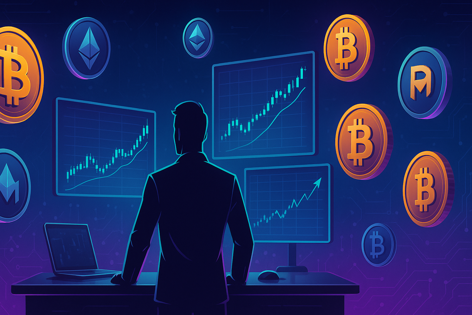 Futuristic crypto trading desk with charts and floating digital coins