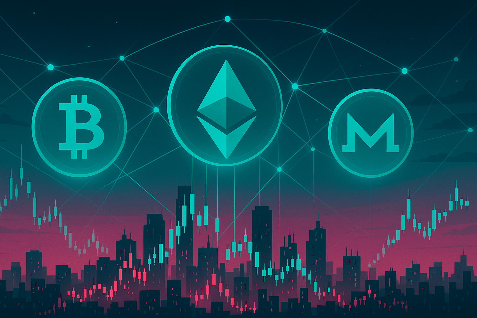 Futuristic crypto cityscape with glowing coins and candlestick skyline at dusk