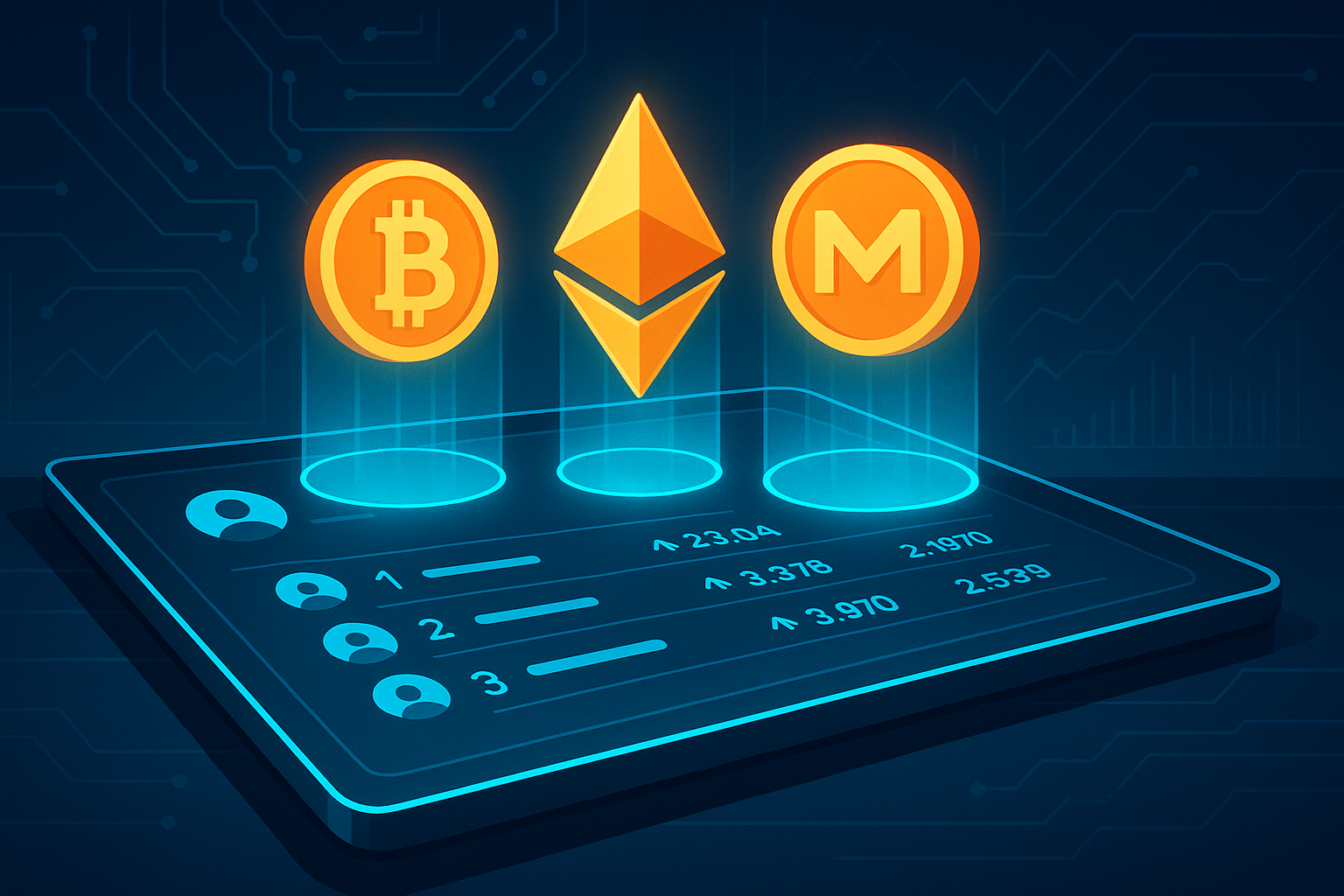 Holographic tablet ranking top cryptocurrencies with glowing 3D coins and performance metrics