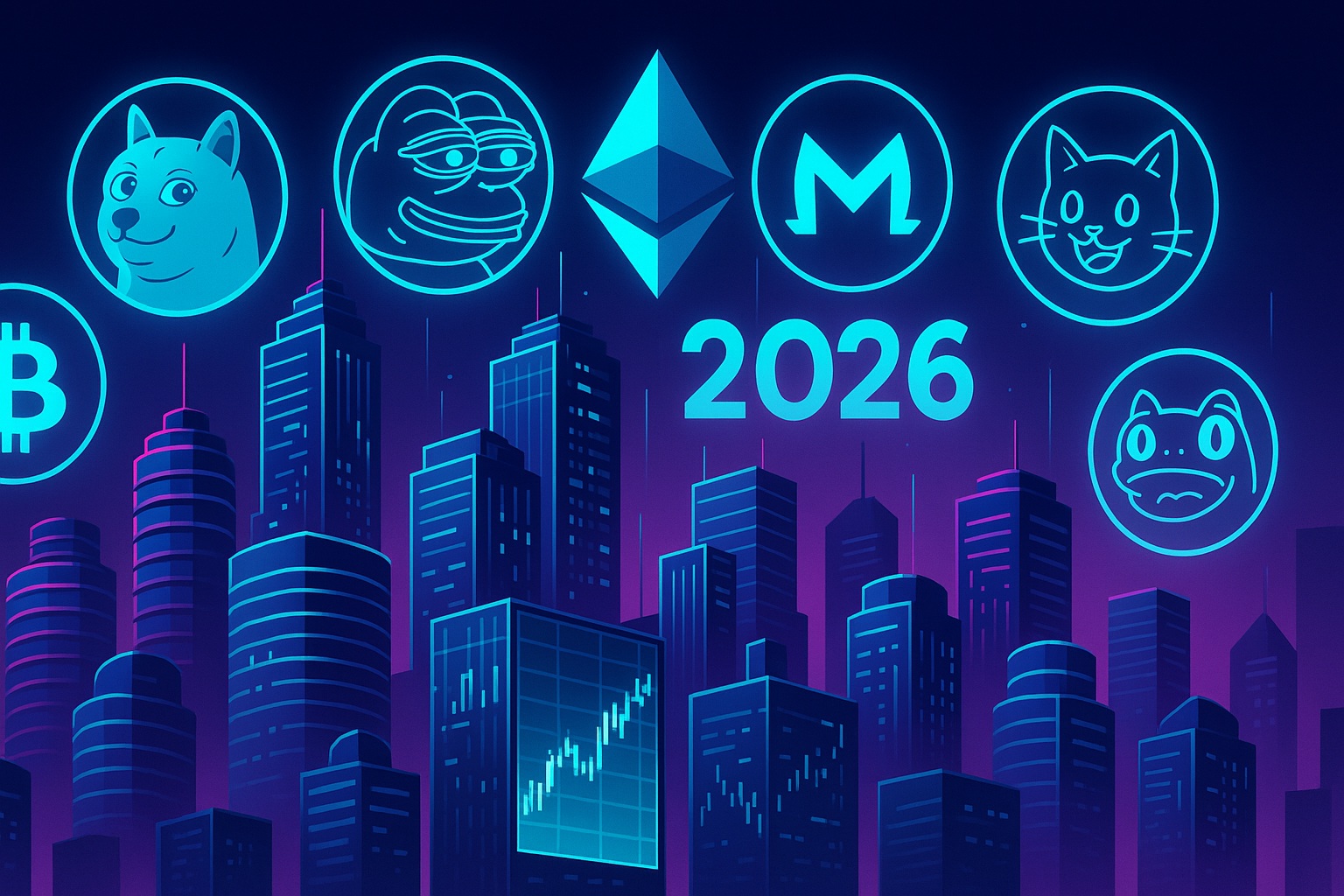 Neon crypto city skyline with holographic meme coins and price charts for 2026