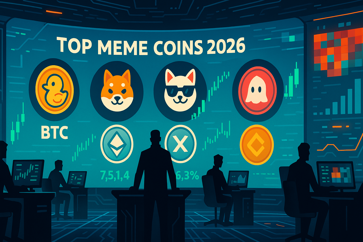 Cyberpunk trading room with TOP MEME COINS 2026 dashboard and mascot icons