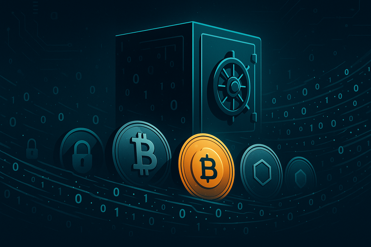 Futuristic crypto vault with glowing privacy coins in cyberspace