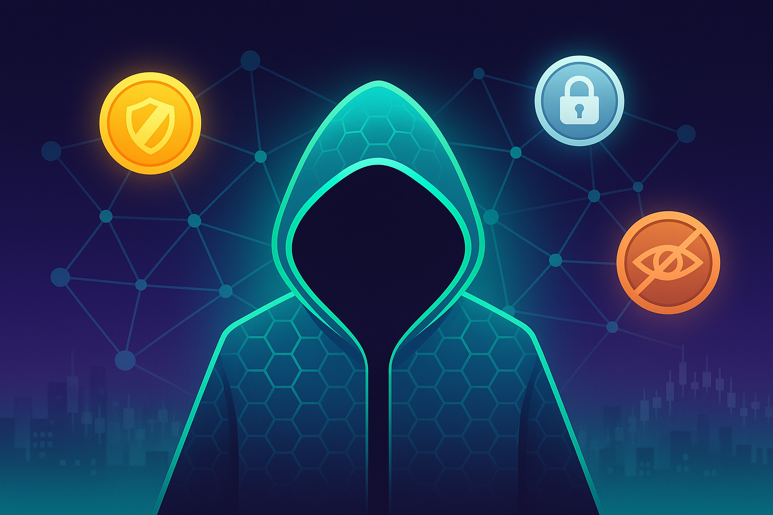 Futuristic crypto banner showing anonymous user and shielded coins in a privacy-focused blockchain network