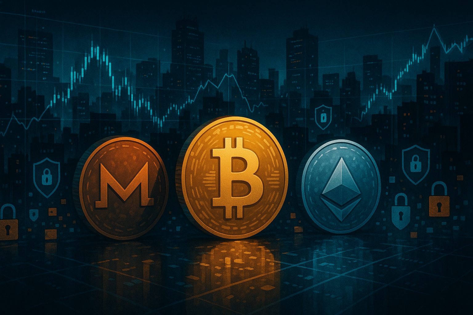 Cyberpunk city at night with glowing crypto coins and security icons symbolizing top privacy coins