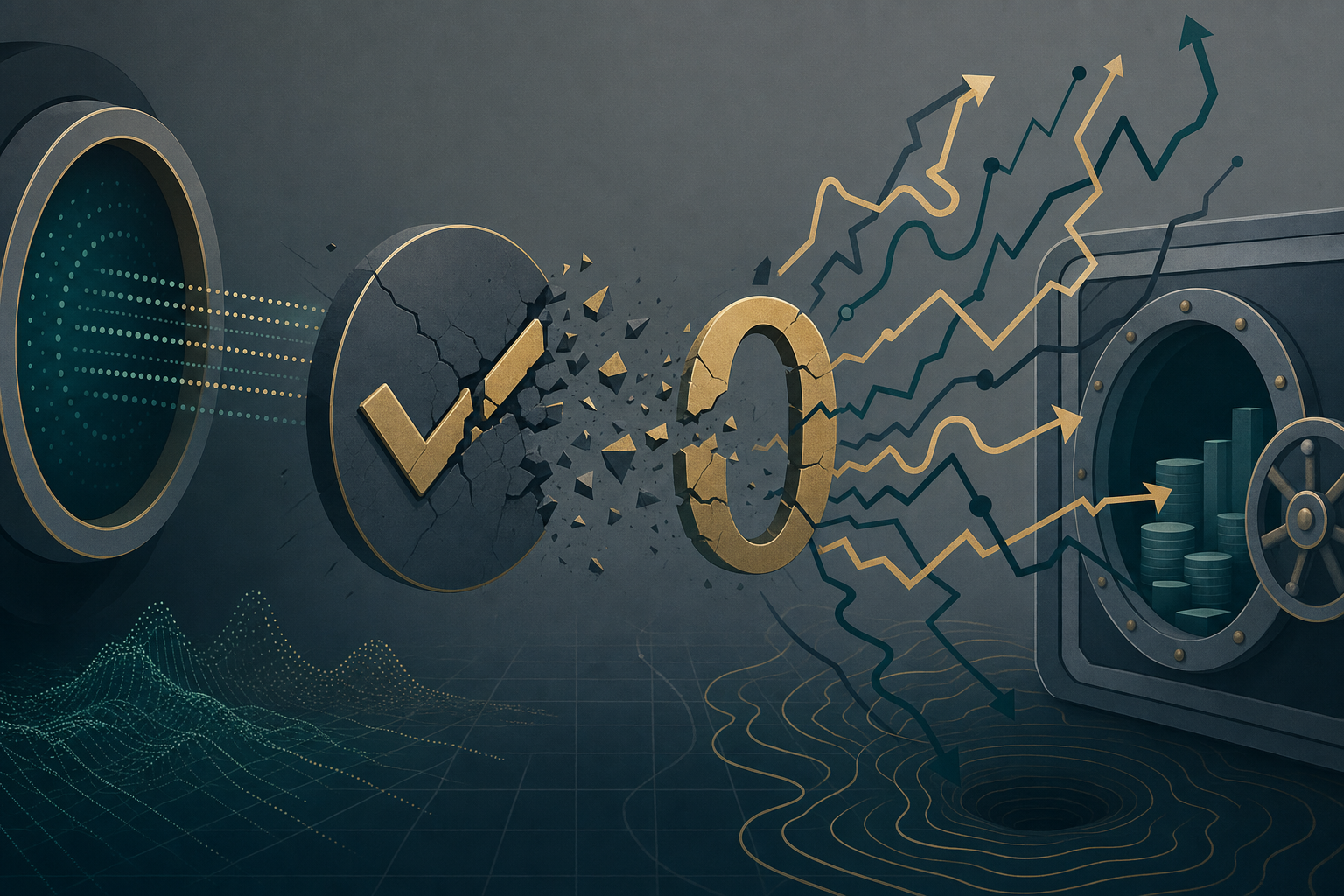 Abstract illustration of a failed oracle signature check collapsing to zero and corrupting price data feeding a lending vault