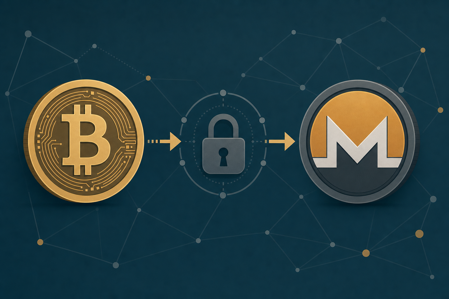 Bitcoin token converting into a Monero token through a privacy lock icon on a node network