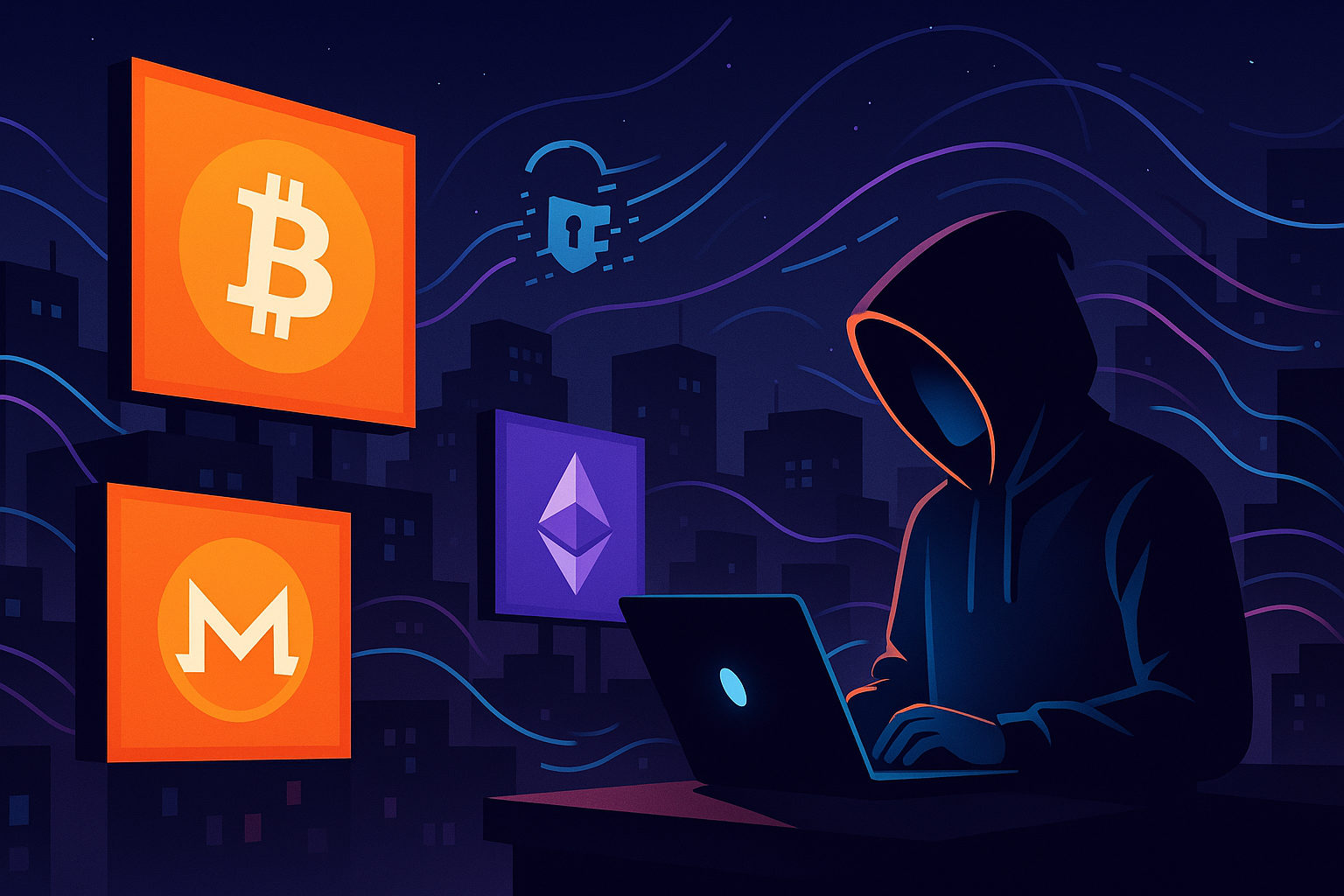 Hooded figure on city rooftop buying anonymous crypto at night