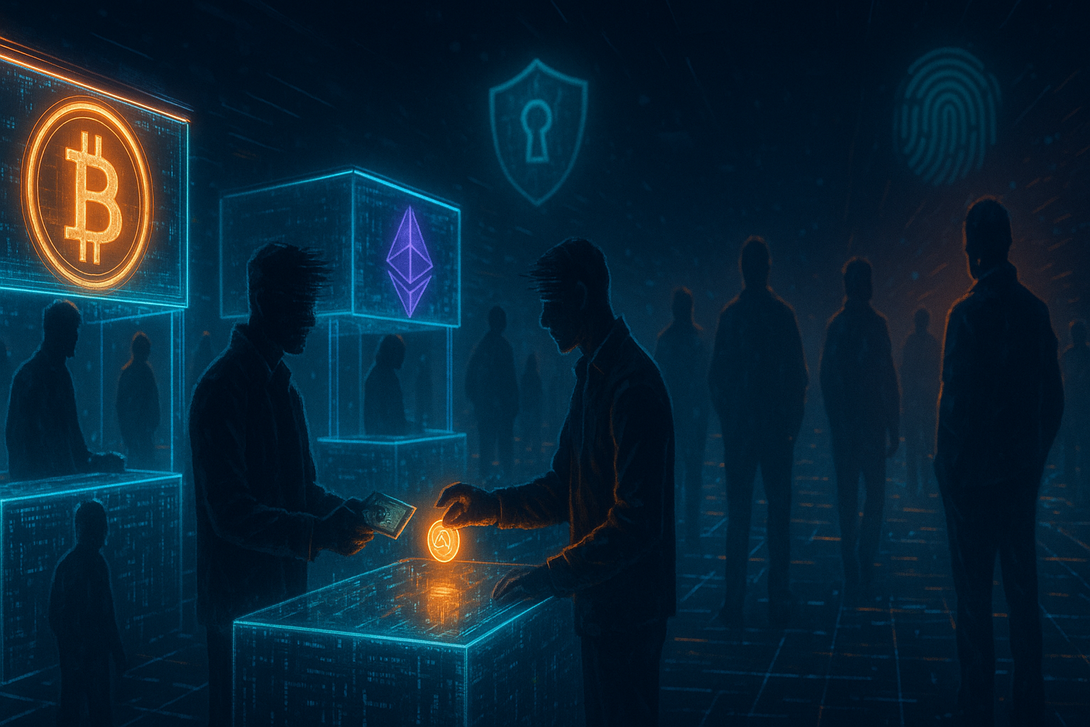 Futuristic anonymous crypto market showing bitcoin trades without ID in neon cyberspace