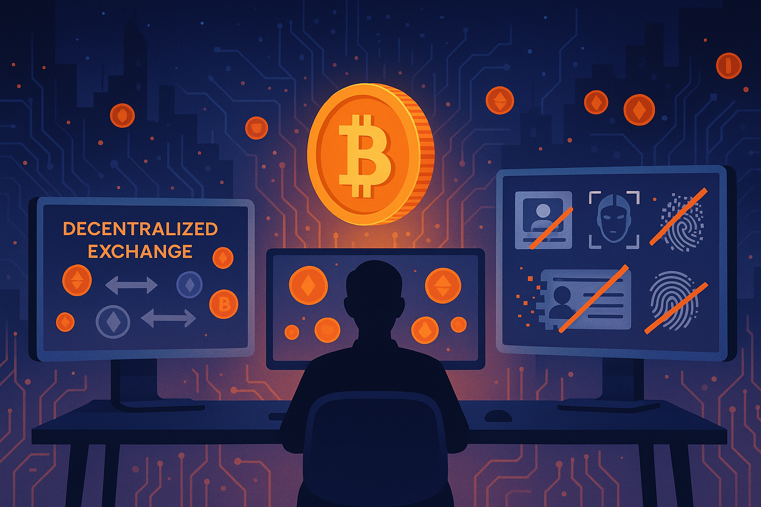 Person trading bitcoin anonymously at night on multiple monitors, no ID or biometrics required