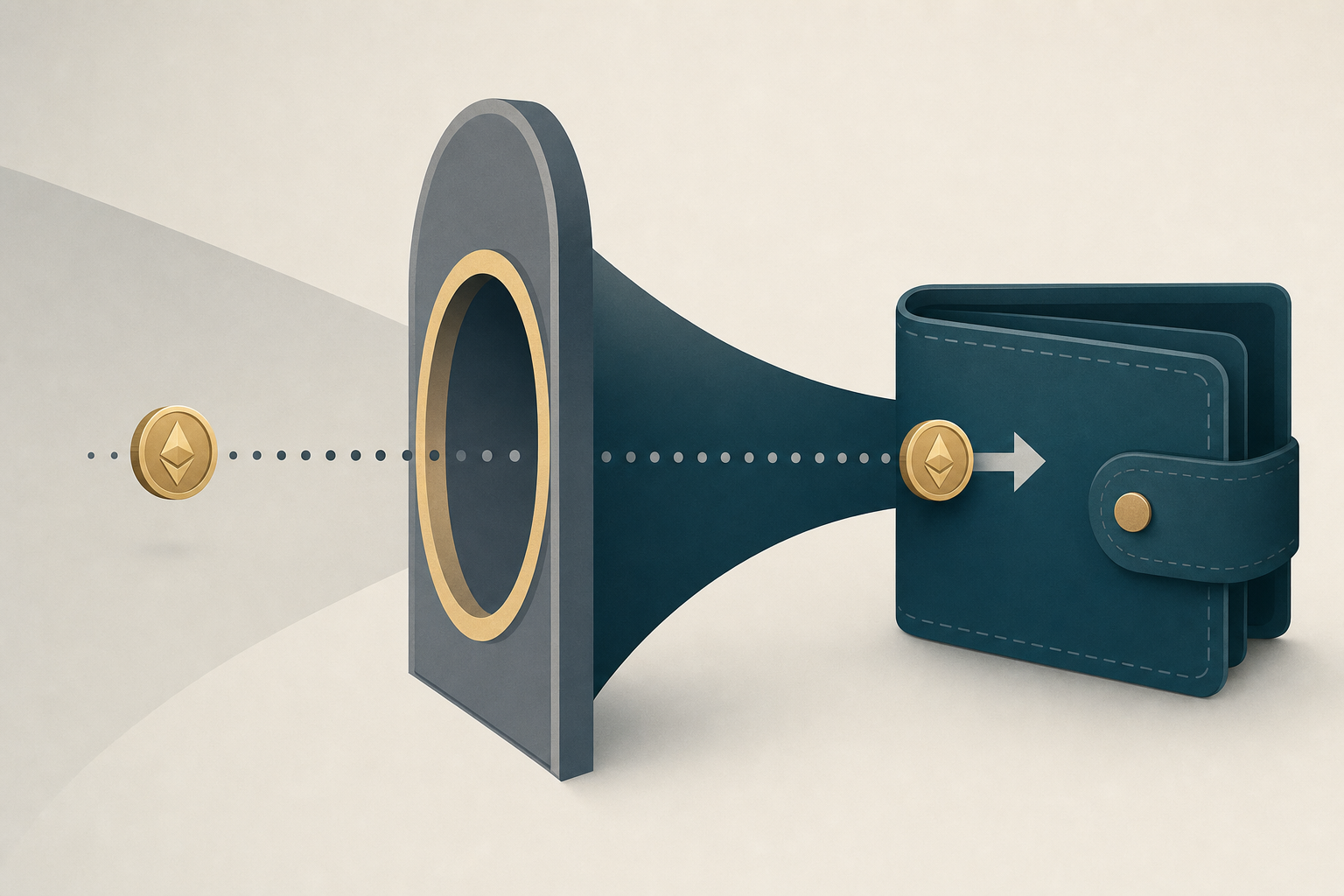 Small crypto coin passing through a funnel into a wallet, illustrating swapping small amounts without a large minimum