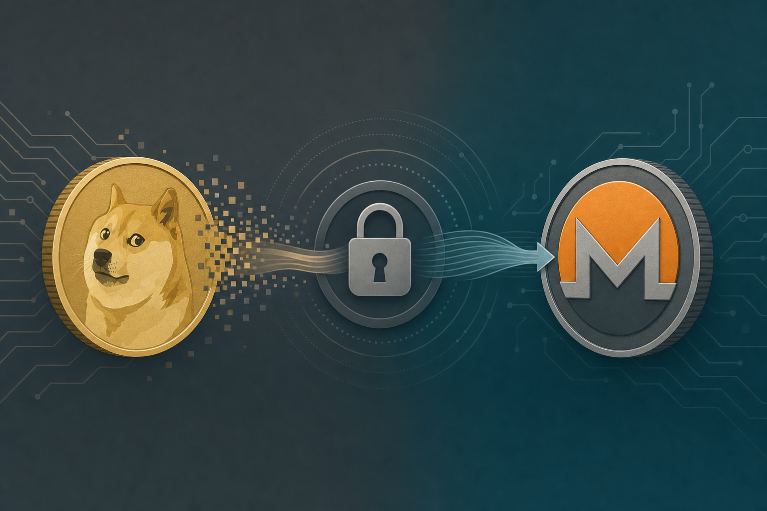 Illustration of a Dogecoin token converting into a Monero token through a privacy lock icon.