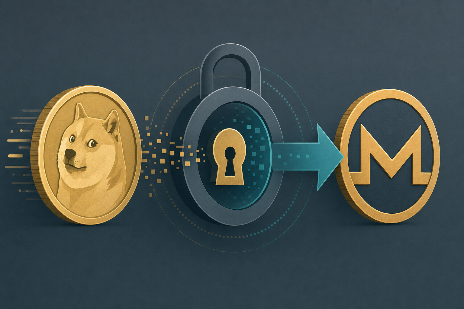 Illustration of a Dogecoin token converting into a Monero token through a privacy lock icon