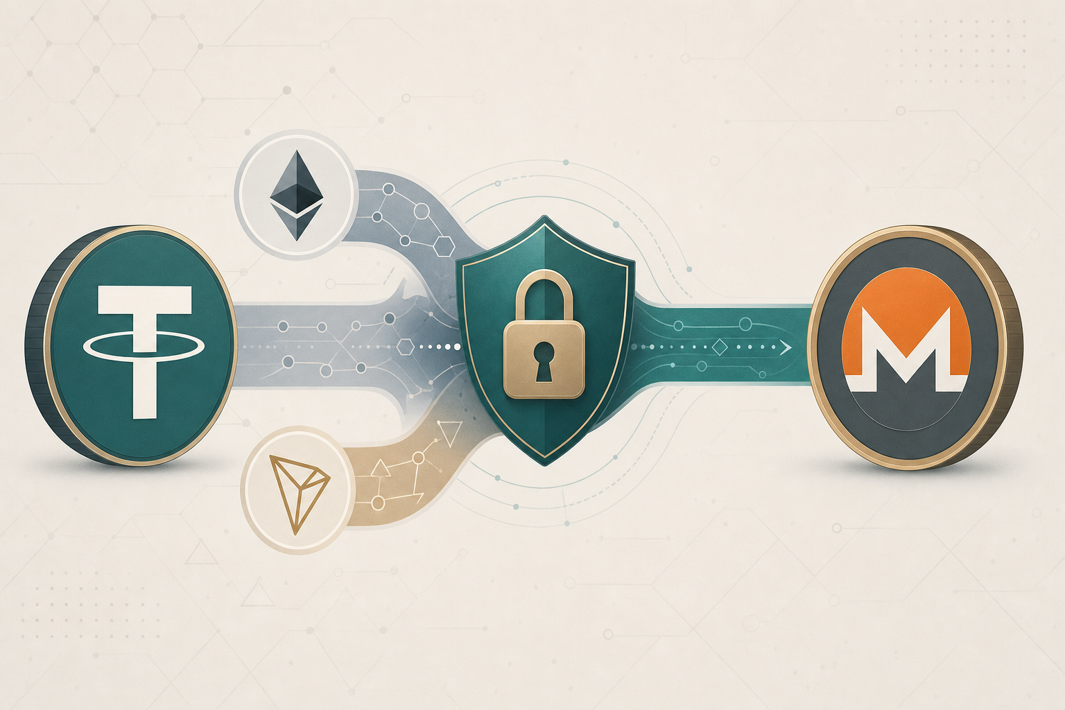 Illustration of a USDT stablecoin token converting into a Monero token through a privacy lock across two networks